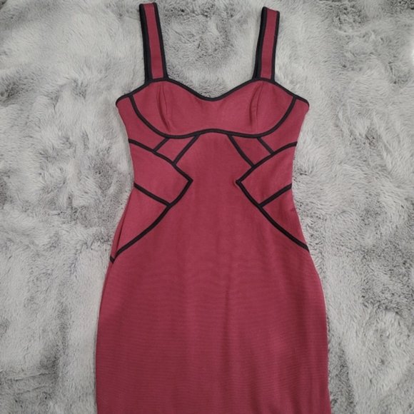 Bebe Burgundy Dress with Black Corset Design Piping  Body-con. Size Medium - Picture 2 of 9